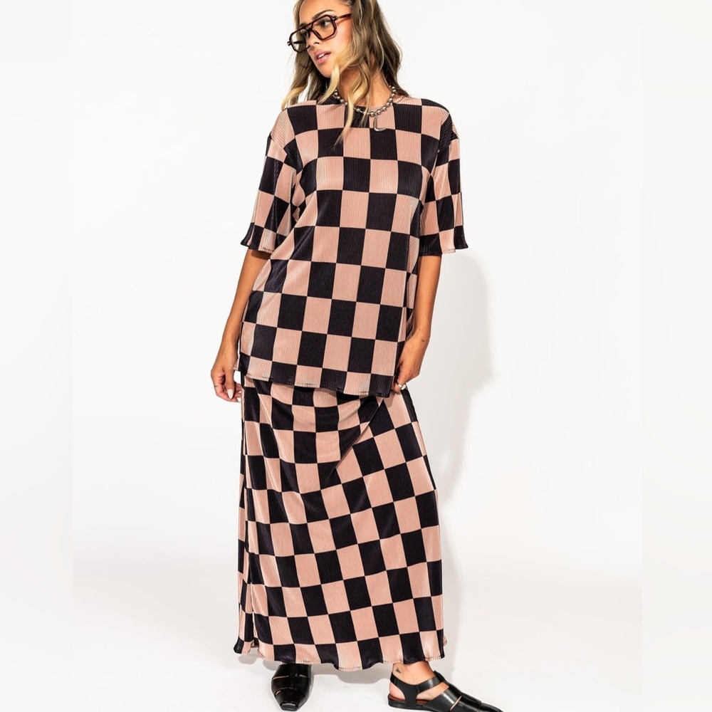 Dressed in Lala grunge girl plisse set in black and chai checkerboard